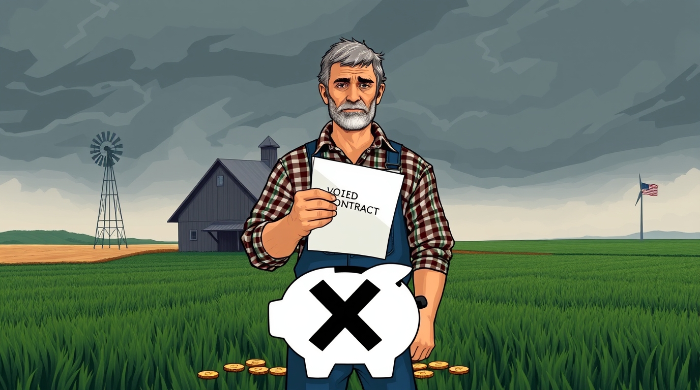 Frustrated Iowa farmer holding a voided corporate contract while standing in a dry, unplanted no-till corn field next to a parked tractor.