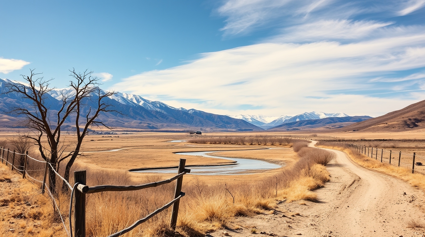 Stressed Colorado farmer looking at an empty, cracked concrete irrigation ditch under a harsh sun during a severe snow drought.