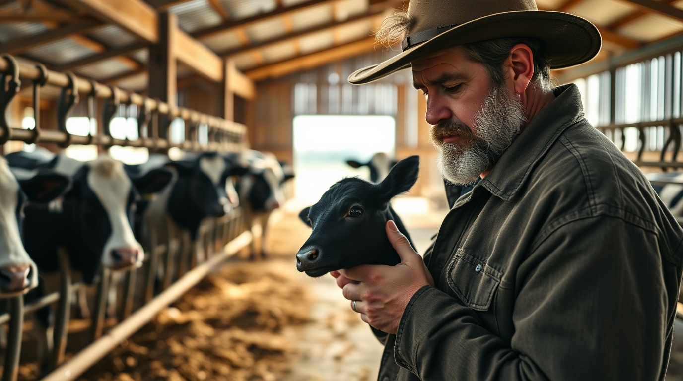Stressed Idaho dairy farmer inspecting a solid black Wagyu-cross calf standing next to a traditional black and white Holstein cow.