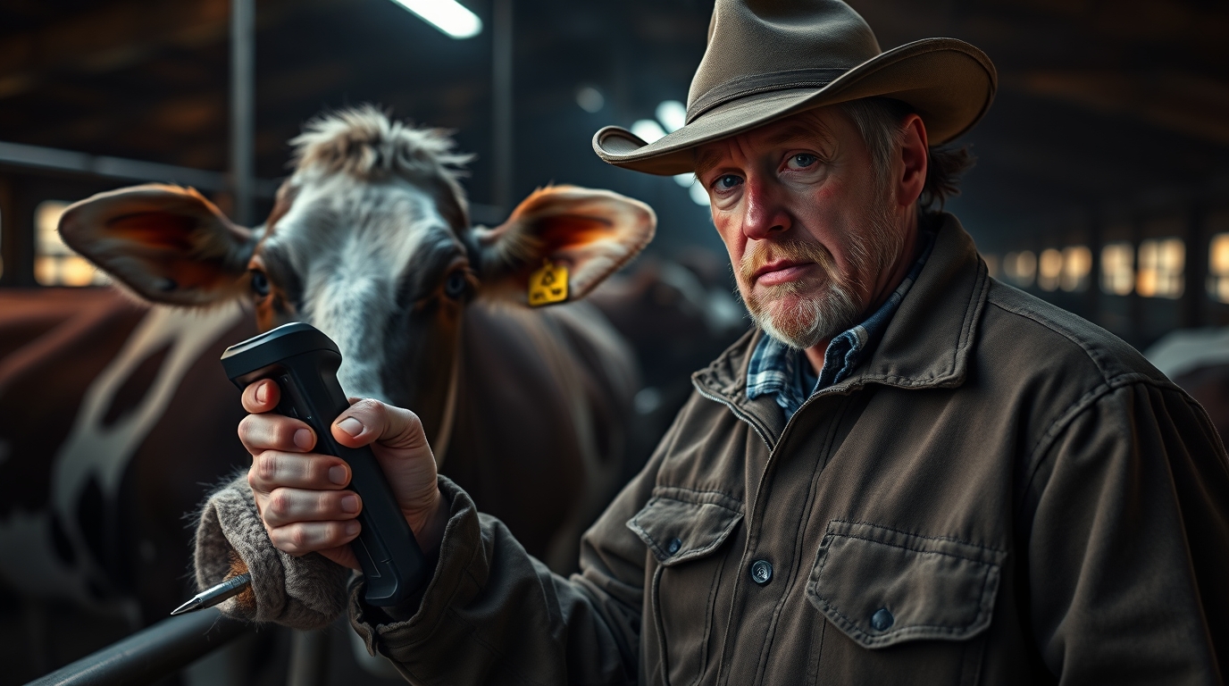 Stressed Wisconsin dairy farmer holding a digital scanner next to a Holstein cow with a new electronic ear tag.