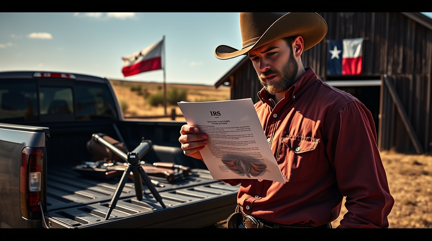 Stressed social media influencer holding an IRS tax audit letter next to a pristine luxury pickup truck in Texas.