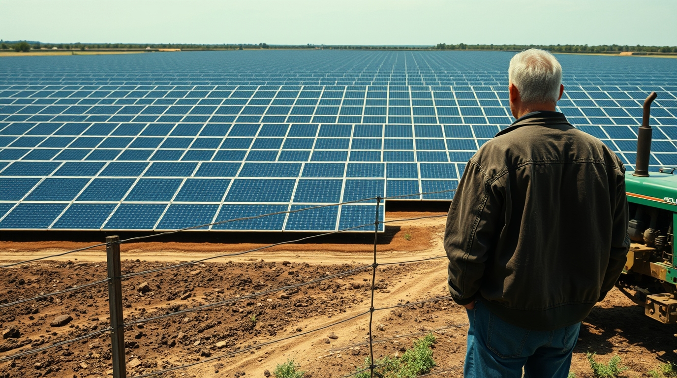 Stressed Indiana farmer looking at a vast corporate solar farm covering what used to be a prime corn field.