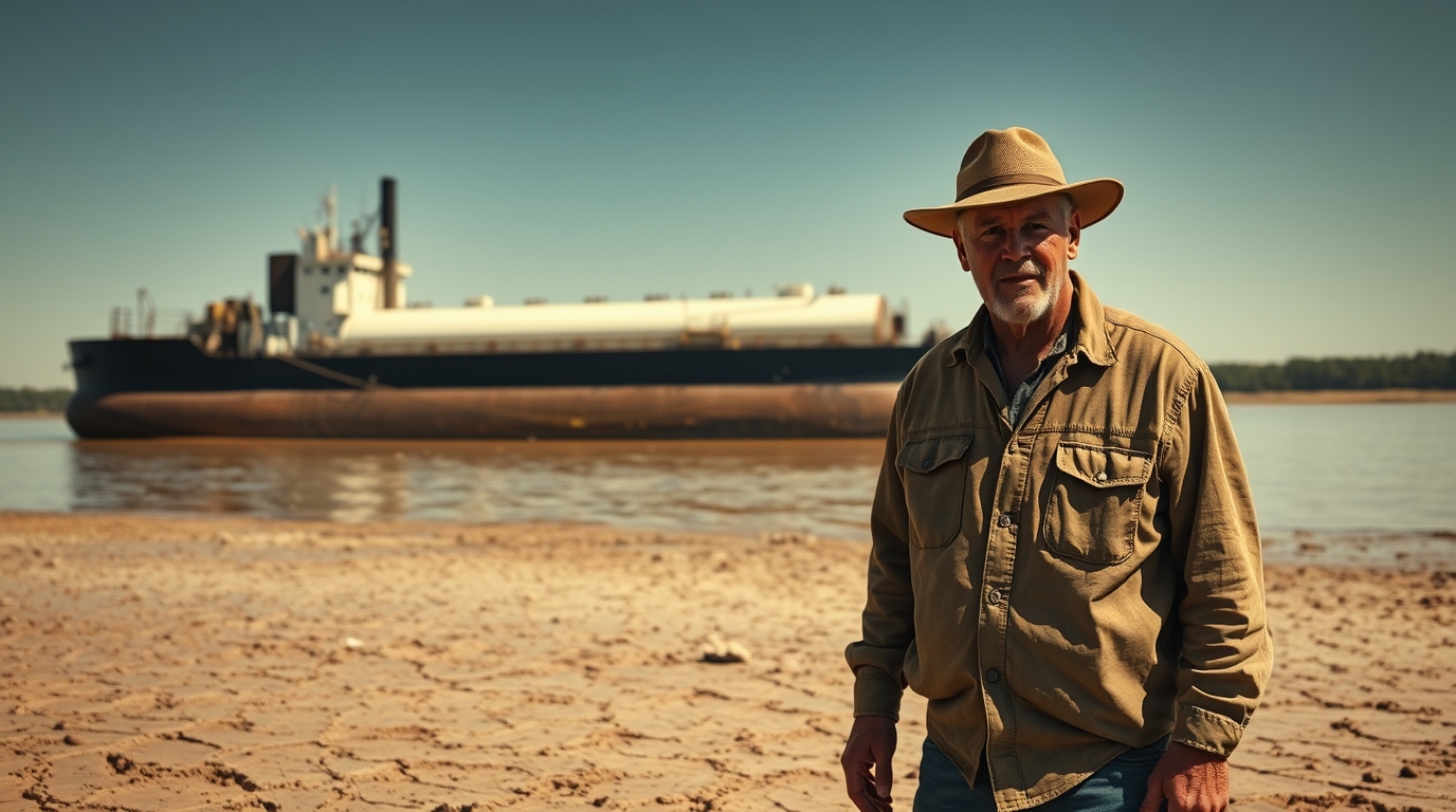Stressed Illinois farmer standing on a dry riverbank looking at a stalled fertilizer barge stuck in the mud.