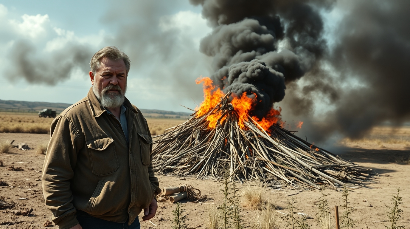 Stressed Colorado hemp farmer throwing rotting biomass onto a massive fire in a dirt field.