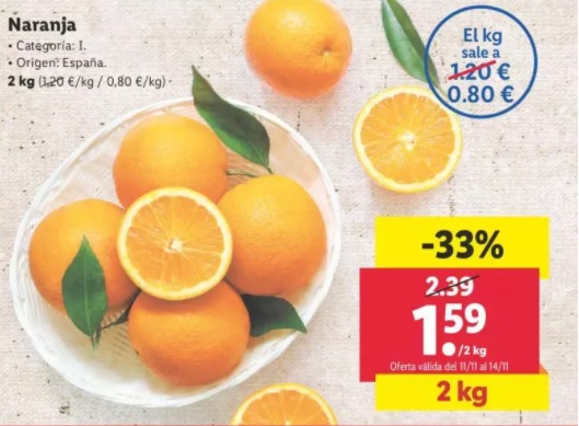 Denuncian a LIDL por usar la naranja española como producto reclamo lo que hace imposible cubrir todos los costes del campo al lineal