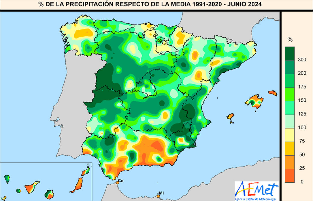 Junio fue el primer mes con carácter frío en España desde abril de 2022 y muy húmedo, con precipitaciones un 150% de su valor normal