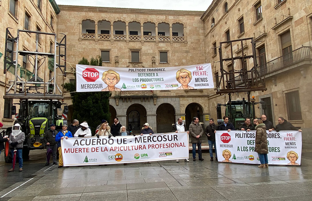 Contundente rechazo a Mercosur: Más de 100 vehículos de apicultores cortan con su protesta la Gran Vía de Salamanca